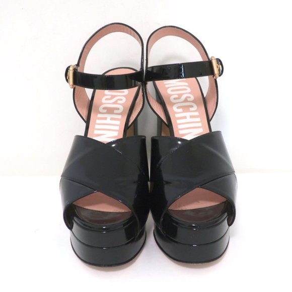 MOSCHINO PLATFORM FLARE-HEEL SANDALS BLACK PATENT LEATHER SIZE 38.5 - Picture 4 of 11